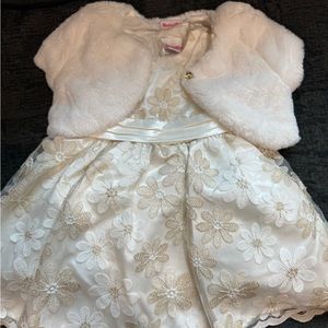 12 White and Gold Flower Dress with faux fur bolero